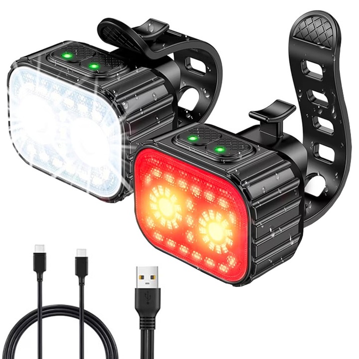 Set lumini bicicleta 21 de LED-uri, XGETOP®,500 lumeni, IPX6, 1100mAh reincarcabil, far bicicleta fata/spate, USB, 4 moduri de iluminare, rezistent la apa, Alb/Rosu