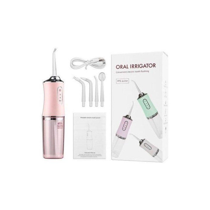 Професионален преносим иригатор за уста, 4 аксесоара и 3 режима на почистване, 220 мл - Розов
