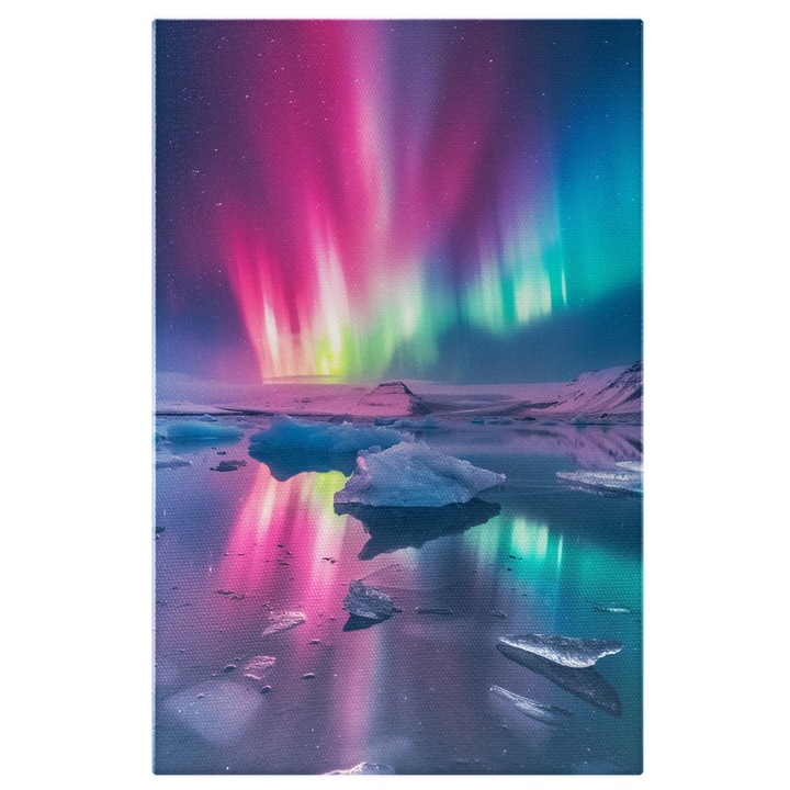 Tablou Canvas: Noape la Polul Nord Aurora boreala cu Nuate Rozalii Gheata peste Lacul Clar Pictura Digitala 60x40CM