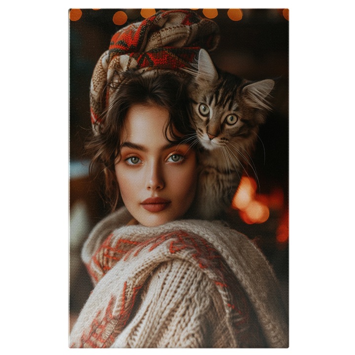 Tablou Canvas: Pisoiul si Dama cu Turban Crosetat Pulover Tricotat Caldura si Confort Pictura Digitala 90x60CM