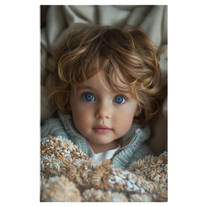 Tablou Canvas: Fefita cu Ochi Mari Albastri in Patura Tricotata Calduroasa Iubire Neconditionata Pictura Digitala 70x50CM