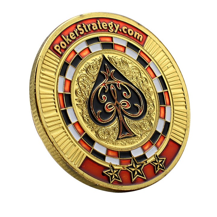 Moneda metalica Golden Poker pentru colectionari, diametru 40 mm, grosime 3 mm, carcasa de protectie inclusa, exterior auriu