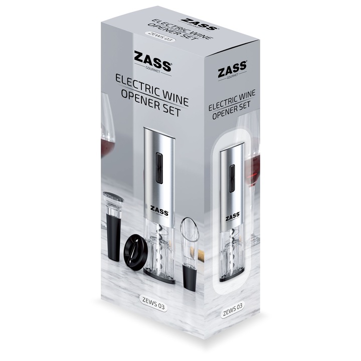 Комплект електрически отварачки за вино Zass Gourmet ZEWS 03, ABS и PC материали, USB зареждане, аксесоар за рязане на фолио, капкообразувател и пробка за източване, сребрист