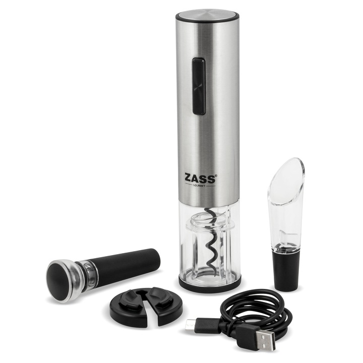 Set deschizator de vin electric Zass Gourmet ZEWS 03, Materiale ABS si PC, Incarcare USB, Accesoriu taiere folie, Picurator si dop de vidat, Argintiu