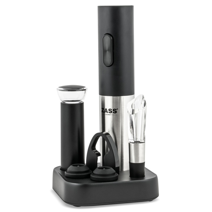 Set deschizator de vin electric Zass Gourmet ZEWS 02, Materiale ABS si otel inoxidabil, Functioneaza cu 4 baterii tip AA - neincluse, Accesoriu taiere folie, Picurator, Pompa vid, Dop de vidat si Baza depozitare, Negru - Argintiu