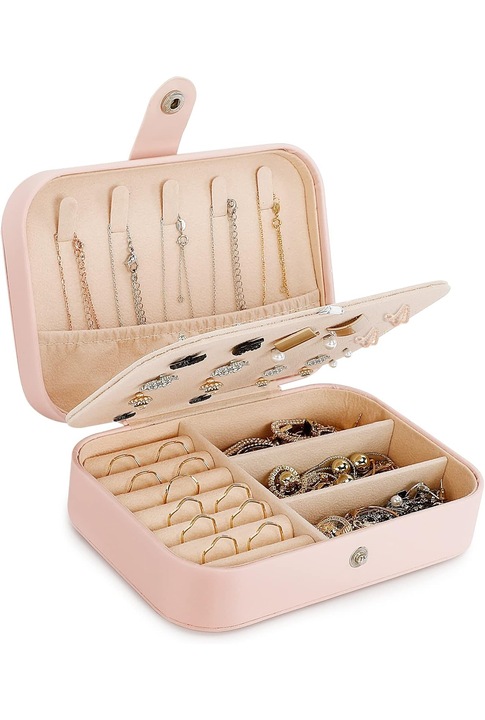 Кутия-органайзер за бижута, Преносима, Затваряне с метална телбод, Свалящи се отделения, За пръстен, обеца, колие, висулка, гривна, Екологична кожа, 16 x 11 x 5 см, Розова