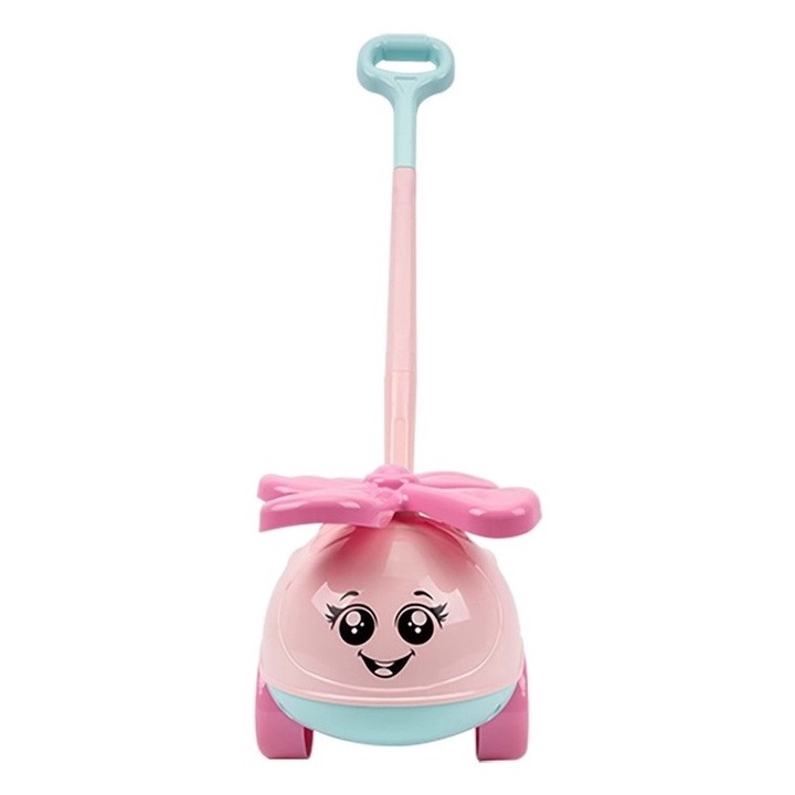 Детска играчка с издръжливи колела, дръжка за бутане, дрънкалка и функционално витло Розов хеликоптер