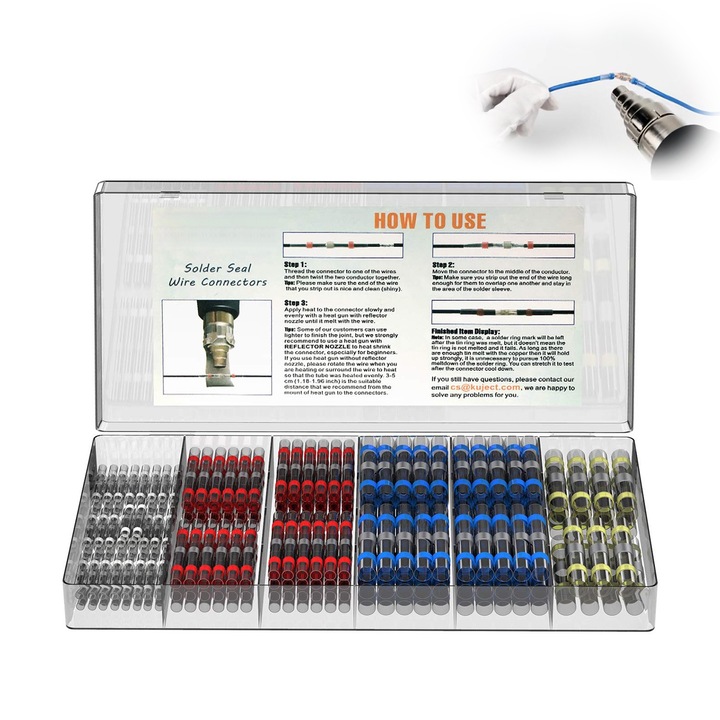 Set 200 conectori termocontractabili cu lipire si etansare cu fludor, Latauar, pentru conductori electrici, impermeabili IP 67, cu cutie depozitare si transport