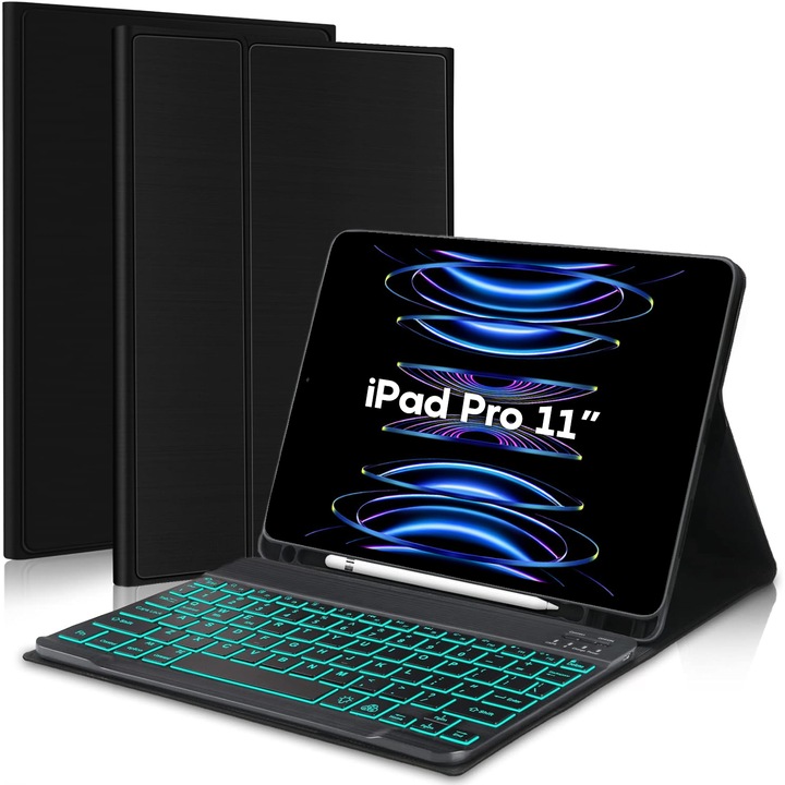 Husa cu Tastatura Iluminata compatibila cu iPad Pro 11" 2022/2021/2020/2018, CASEY STUDIOS™, Tastatura Iluminata RGB in 7 Culori, Wireless, Bluetooth 5.3, Unghiuri Ajustabile, Port USB-C, Cablu Type-C, Suport Stylus Pen, Negru