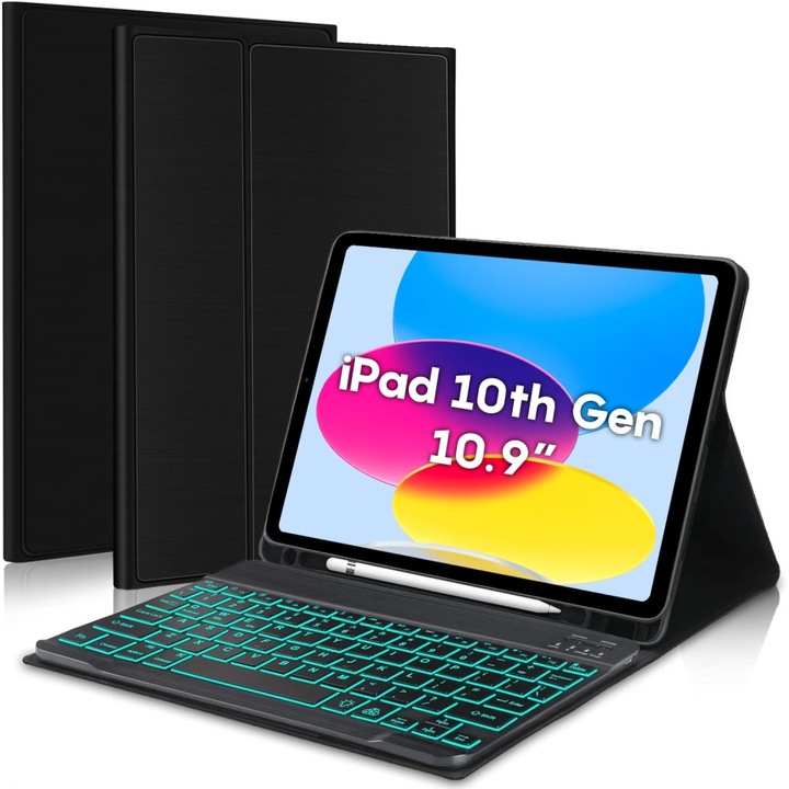 Háttérvilágítású billentyűzetes tok, kompatibilis az Apple iPad 10.9"-gyel, CASEY STUDIOS™, 7 színű RGB háttérvilágítású billentyűzet, vezeték nélküli, Bluetooth 5.4, állítható szögek, USB-C port, Type-C kábel, Stylus toll tartó, fekete
