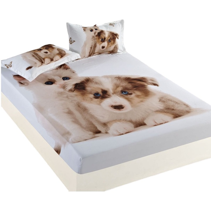 Lenjerie pat single pentru copii, bumbac finet, 4 piese, cearceaf cu elastic, 3D, dogs