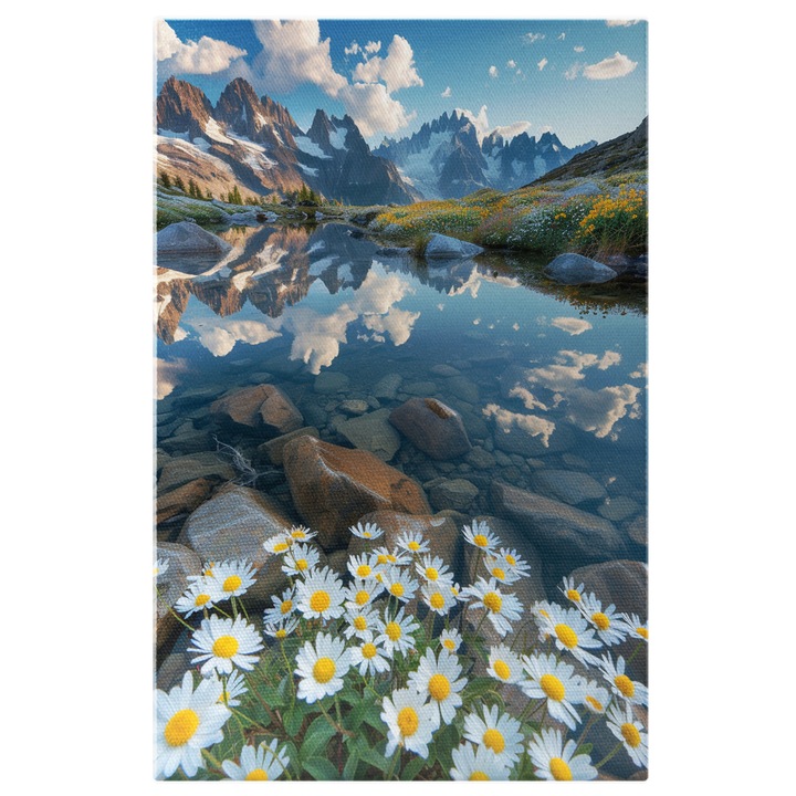 Tablou Canvas: Flori de Camp Musetel pe Marginea Apei Cristaline Vederea Muntilor Scaldati de Soare Pictura Digitala 40x25CM