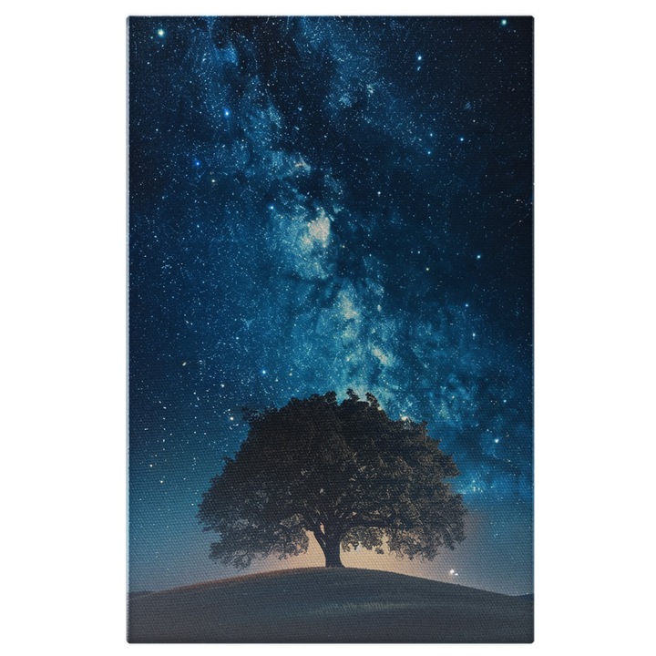 Tablou Canvas: Umbra copacului Vietii Crengi cu Frunze pe Cerul Albastrui cu Stele Stralucitoare Pictura Digitala 40x25CM