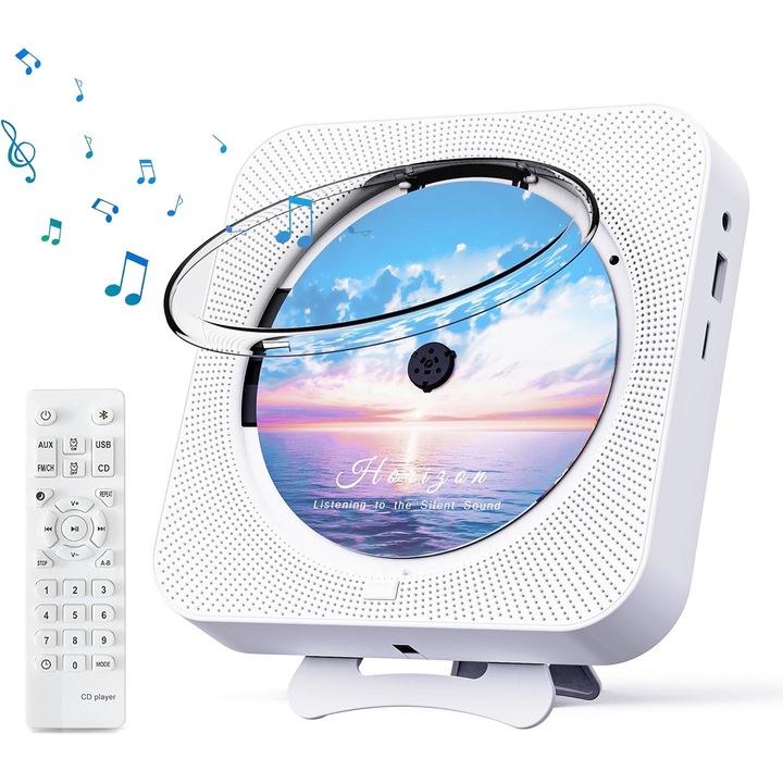 Мултифункционален преносим CD плейър, GOSTOCK®, Дистанционно управление, Bluetooth5.1, USB/3.5MM AUX, FM радио, Вградени високоговорители HiFi, White Nature