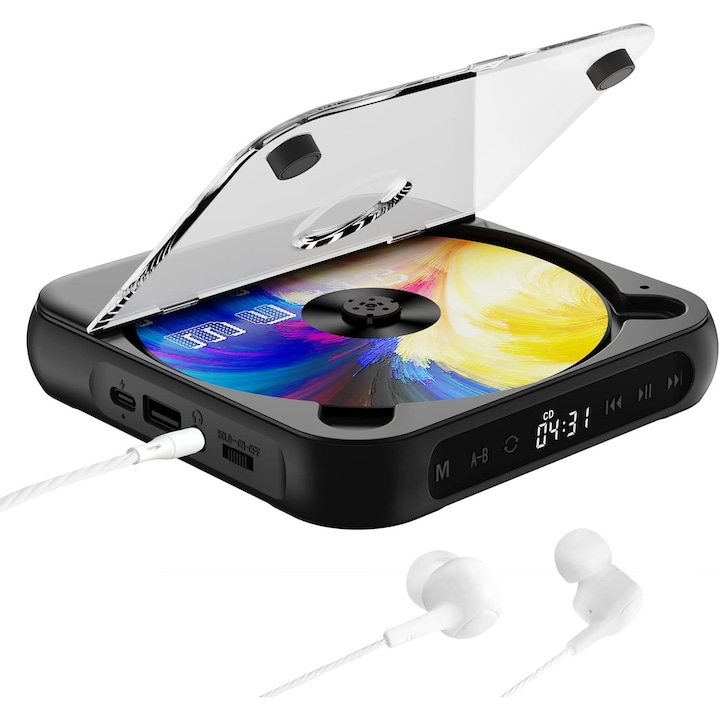Мултифункционален преносим CD плейър, GOSTOCK®, Bluetooth, LCD дисплей, FM радио, вградени високоговорители HiFi, USB/3.5MM AUX, ABS, 13.5 x 13.5 x 2.5 cm, черен