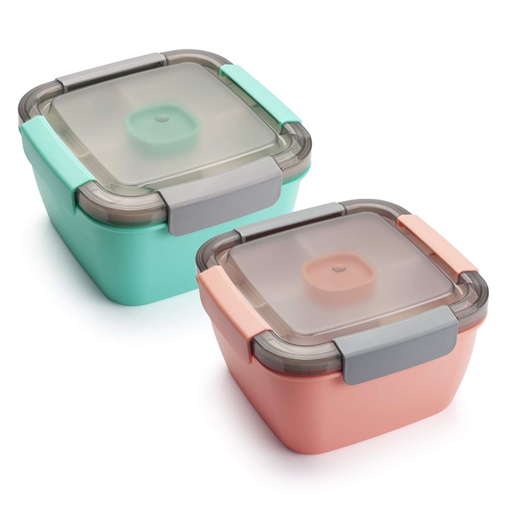 Set 2 Cutii Alimentare OVERTANG, 3 Compartimente, Compartiment pentru Sos, 52oz, Roz+Verde