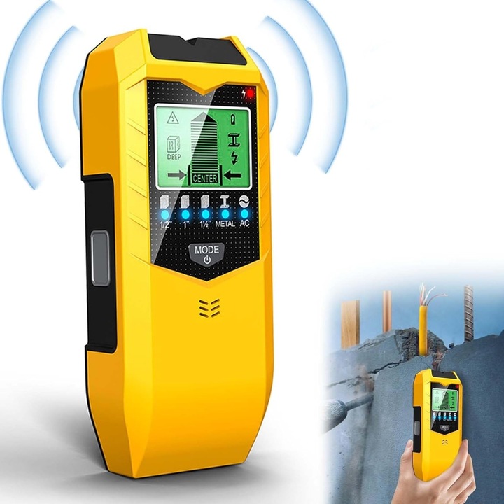 Detector de cabluri electrice 5-in-1, GOSTOCK®, Calibrare Automata, Rezultate precise, Scaner de Perete, Localizare Cabluri Electrice, Metale, Lemn, Tevi, Armatura, Ecran LCD, Galben aprins