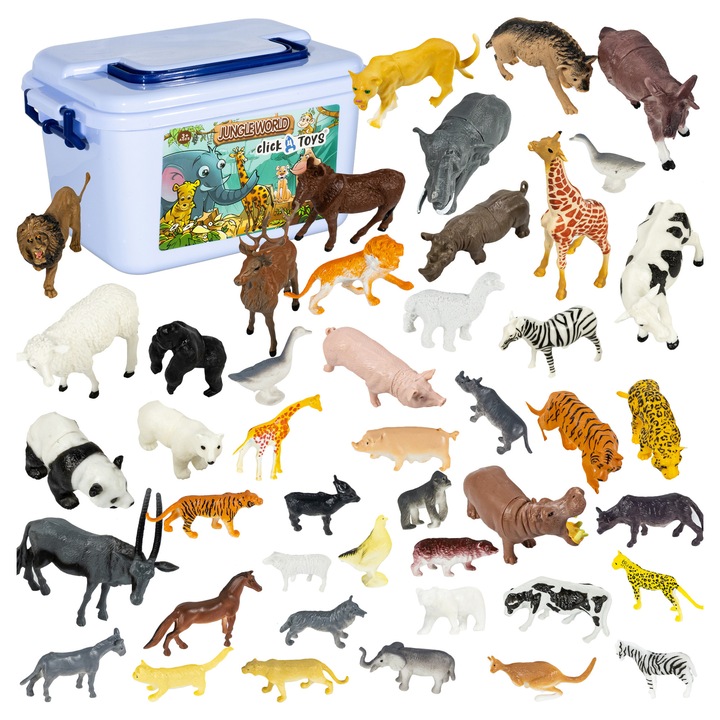 Set De 58 Figurine Cu Animale Salbatice Zoo Si Ferma, click4TOYS, Model Safari In Valiza De Depozitare, 28x18x20 cm, Multicolor, Plastic Durabil, Contine 44 Figurine Detaliate De Dimensiuni Diferite Si 14 Elemente De Natura, Cadou Copii