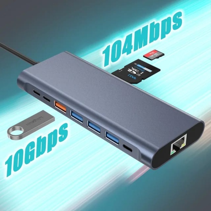 Докинг станция, Хъб 14 в 1 CRISTALIS SALE™, 4k USB Type-C адаптер, Multiport, 1xUSB3.1, 2xUSB3.0, 2xUSB2.0, 2xHDMI 4k, 1xUSB C данни, 1xUSB C PD, 2xHDMI 4k, 1xVGA, 1x3 . 5 жака, микрофон, 1xRJ45, 1xMicro SD, 1xTF SD, сребрист