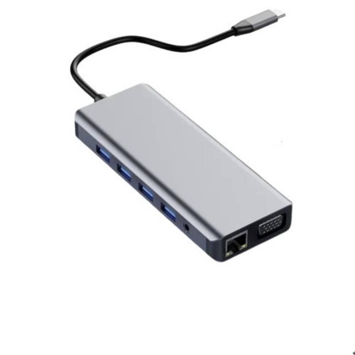 Докинг станция, Хъб 14 в 1 CRISTALIS SALE™, 4k USB Type-C адаптер, Multiport, 1xUSB3.1, 2xUSB3.0, 2xUSB2.0, 2xHDMI 4k, 1xUSB C данни, 1xUSB C PD, 2xHDMI 4k, 1xVGA, 1x3 . 5 жака, микрофон, 1xRJ45, 1xMicro SD, 1xTF SD, сребрист