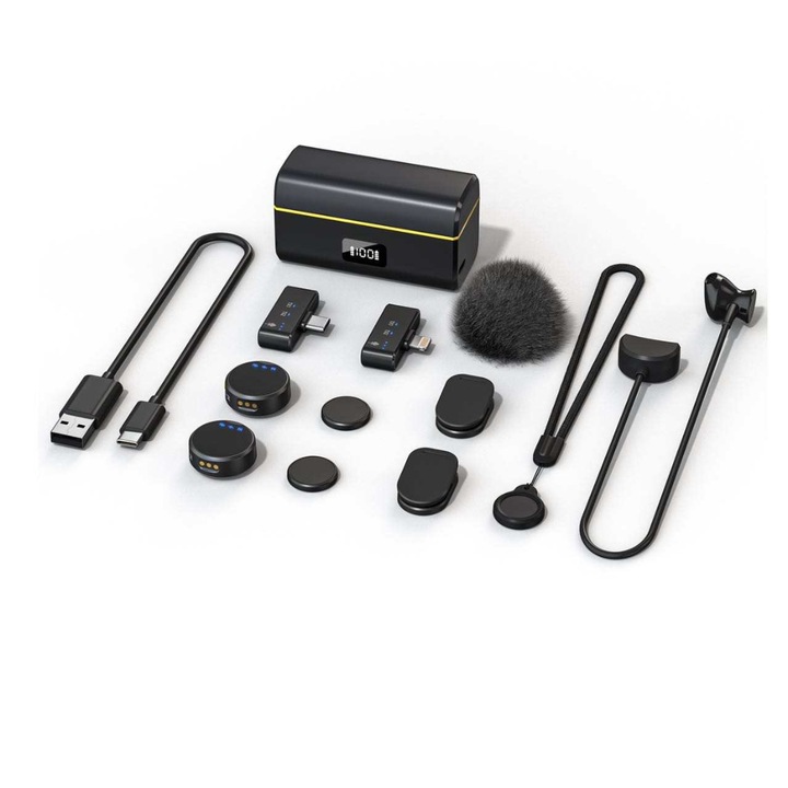 Set 2 Microfoane Lavaliera Profesionale CRISTALIS SALE™, Cu Accesorii Full, Rotunde cu Magnet, Mufe Type C si Lightning, Wireless, Reducere zgomot Amgras SoundShiled, 48h functionare, Compatibil Cu iPhone, iPad, Android, Camera Foto/Video, Laptop, Negru