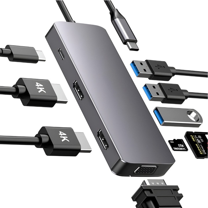 Адаптер за хъб Multiport 9 в 1 USB-C Velixo®, 3 x USB 3.0, 2 x HDMI 4K / 30 Hz, 1 x VGA 1080P / 60 Hz, порт за захранване 87 W, четец на SD и Micro SD карти, докинг станция за лаптоп , MacBook Air/Pro, Chromebook, таблет, алуминий, сив