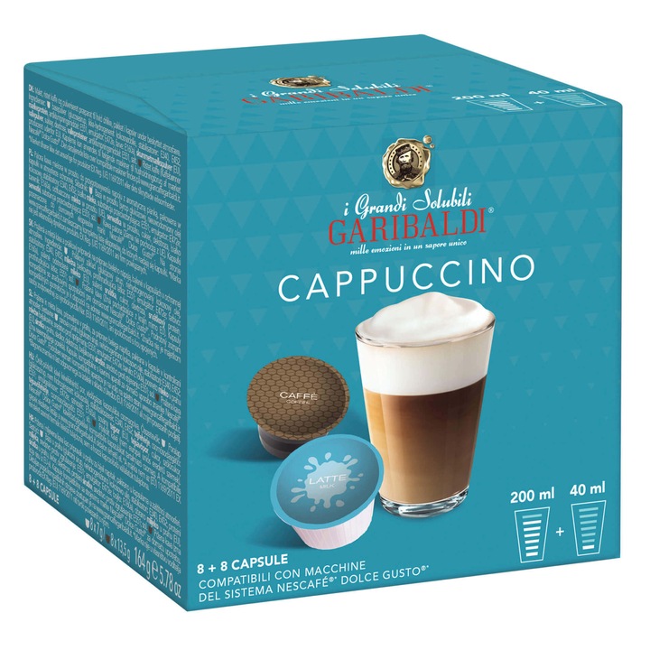 Capsule cafea GRAN CAFFE GARIBALDI Cappuccino, compatibile Nescafe Dolce Gusto, 8 capsule cafea + 8 capsule lapte