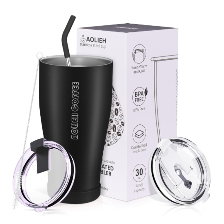 Cana termos cu 2 capace, pai reutilizabil si perie de curatare, 900 ml, negru