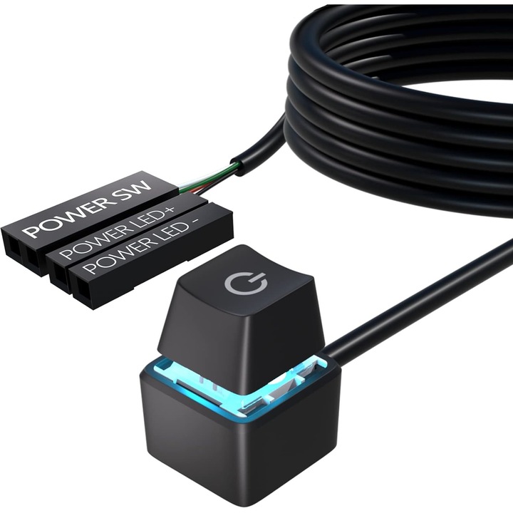 Механичен бутон, Start Desktop, Excited, PC разширение ON/OFF PC LED, LED светлина, 200cm удължителен кабел, черен