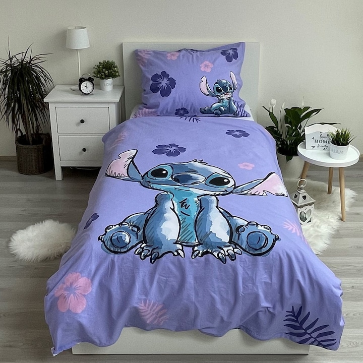 Памучно детско спално бельо Lilo & Stitch Blooming, 2 части 140x200 см, 70x90 см Лилаво