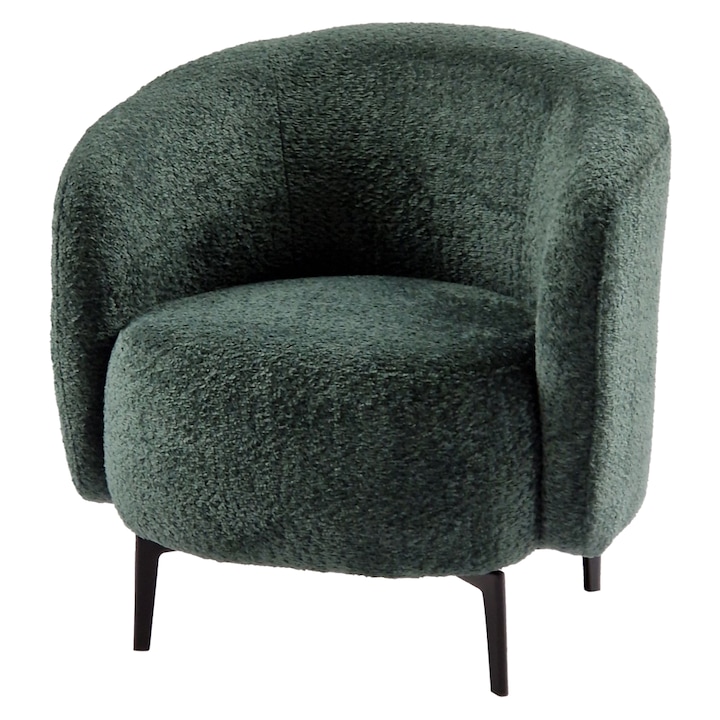 Fotoliu verde, tapitat, cu umplutura din arcuri ondulate si spuma, picioare din metal, negre, living, dormitor, 75x68x76 cm, Bortis