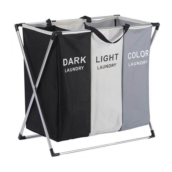 Кош за пране, сгъваем, Hggzeg, Алуминиева рамка, 3 отделения за сортиране на пране, Лесен за почистване, Водоустойчив материал, За сортиране и организиране на дрехи в банята, Оксфорд кърпа, 65,5 x 38 x 63 см, 130L, 3 цвята, Бял, Черно и цветно