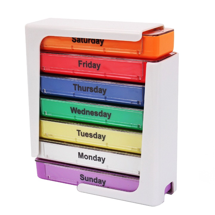 Cutie depozitare pastile, Hggzeg, Cu 7 cutiute compartimentate, Pastile si vitamine, Recipiente detasabile cu 4 compartimente, Usor de folosit si extrem de practic, Plastic, 10.7 x 3.8 x 12.2 cm, Multicolor