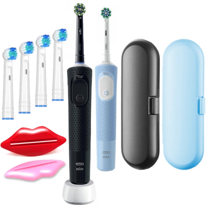 Elektromos fogkefe készlet Oral-B D103 Duo Black Blue, 4 extra hegy, 2 utazási készlet