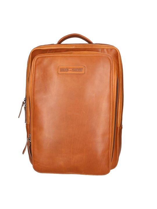 Hill Burry, Rucsac unisex de piele cu logo, Maro cognac