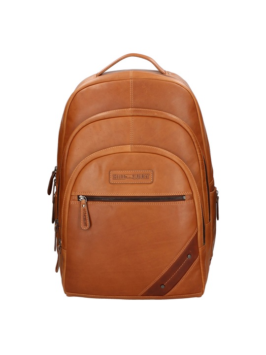 Hill Burry, Rucsac unisex de piele cu buzunare exterioare, Maro cognac