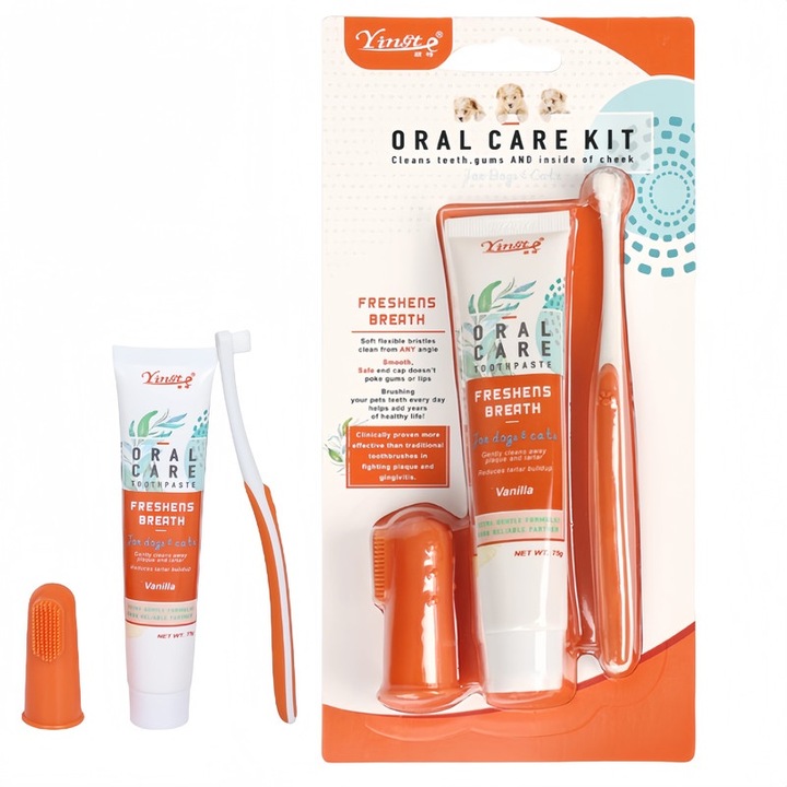 Set de ingrijire orala pentru pisici si caini, pasta de dinti + periuta de dinti + perie pentru degete, tartru curat, ingrijire pentru igiena orala, aroma de vanilie, 70 de grame de pasta de dinti