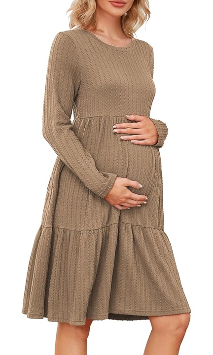 Rochie kaki de maternitate pentru femei, din tricot cu nervuri, decolteu si manec1`a lunga, MAVIS LAVEN, Kaki