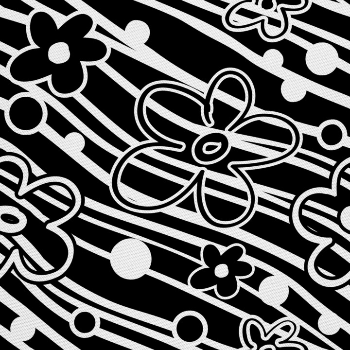Textil anyag, Fekete-fehér húzott virágok, Poliészter 100%, 210g/pm, Méret: 100cm x 155cm