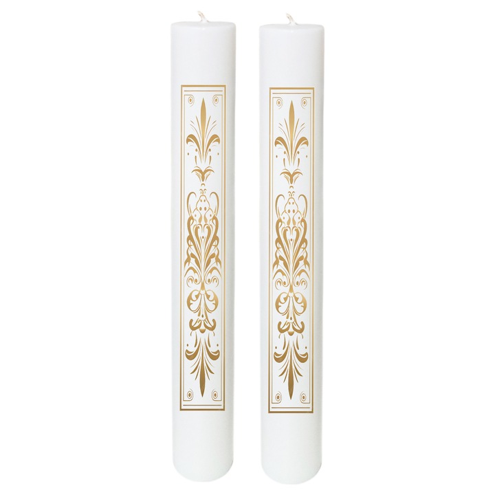Lumanari nunta, FABRICA DE LUMANARI GHIOROC, set 2 bucati, H 30 cm si D 4.5 cm, model dreptunghi auriu baroque, aromata, alb