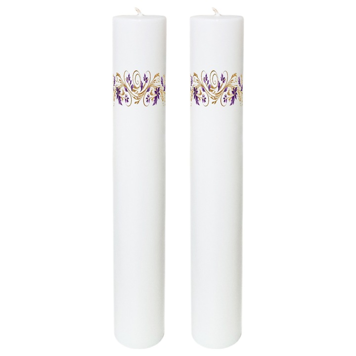 Lumanari nunta, FABRICA DE LUMANARI GHIOROC, set 2 bucati, H 30 cm si D 4.5 cm, model floral lila auriu, aromata, alb