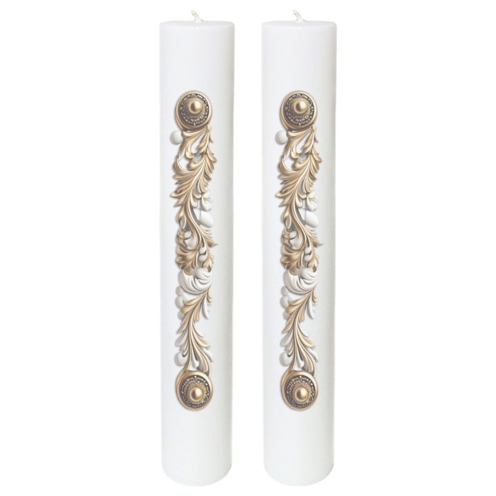 Lumanari nunta, FABRICA DE LUMANARI GHIOROC, set 2 bucati, H 30 cm si D 4.5 cm, model auriu cu alb, aromata