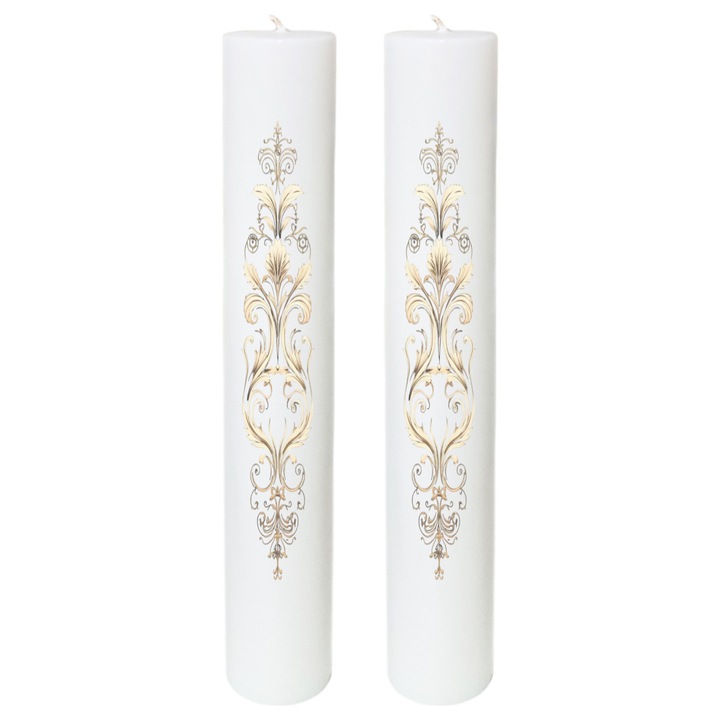 Lumanari nunta, FABRICA DE LUMANARI GHIOROC, set 2 bucati, H 40 cm si D 4.5 cm, model baroque auriu pe verticala, cu acent floral, aromata, alb