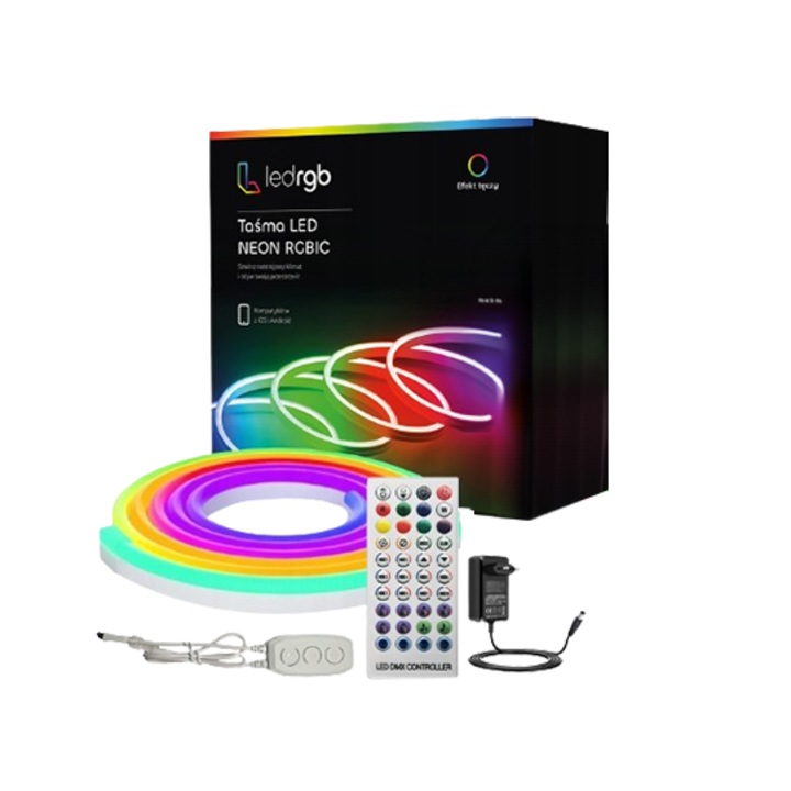 Комплект LED Неонова Лента RGBIC, LEDRGB, 5050+WS2812B, Bluetooth, Мобилно Приложение, IR Дистанционно, 4м, 60 LED-а/м, Ефект Дъга, Музикален Контрол, IP67