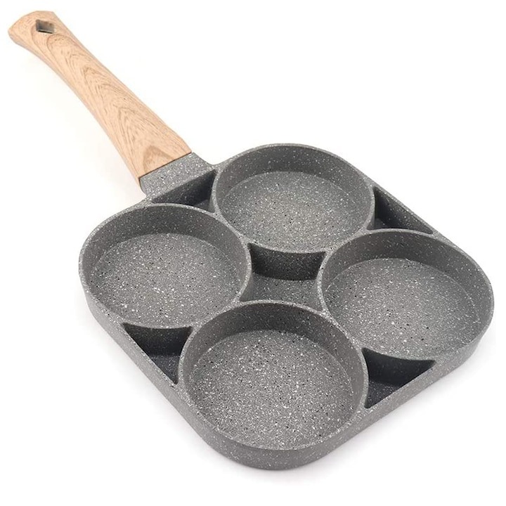 Мултифункционален тиган за закуска, незалепващ, дървена дръжка, черен, алуминий, 4 отделения