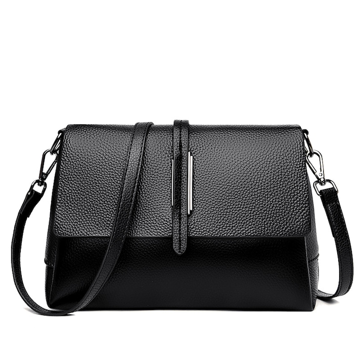 Дамска чанта, crossbody, естествена кожа, черна, 25Х16х10см