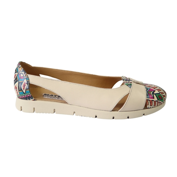Balerini Decupati Dama, din Piele Naturala, cu Talpa Joasa, Bej cu Imprimeu Colorat, Mateo Shoes, 36 EU