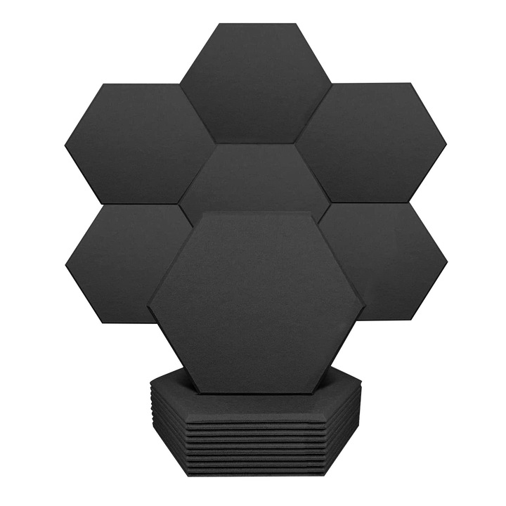 Placi fonoabsorbante, Yhemday®, poliester, Hexagonal, 30 x 26 cm, pentru fundaluri, studiouri si locuinte, 12 bucati, negru