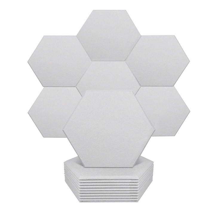 Placi fonoabsorbante, Yhemday®, poliester, Hexagonal, 30 x 26 cm, pentru fundaluri, studiouri si locuinte, 12 bucati, gri deschis