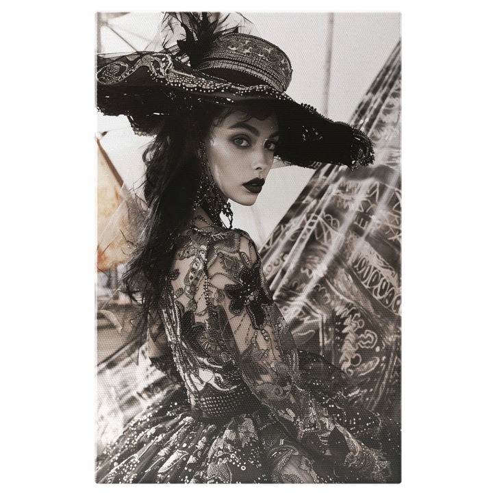 Картина на платно: Черно-бяла снимка Портрет на жена с дрехи от старата ера - Дизайн на облекло Дигитална картина 90x60CM